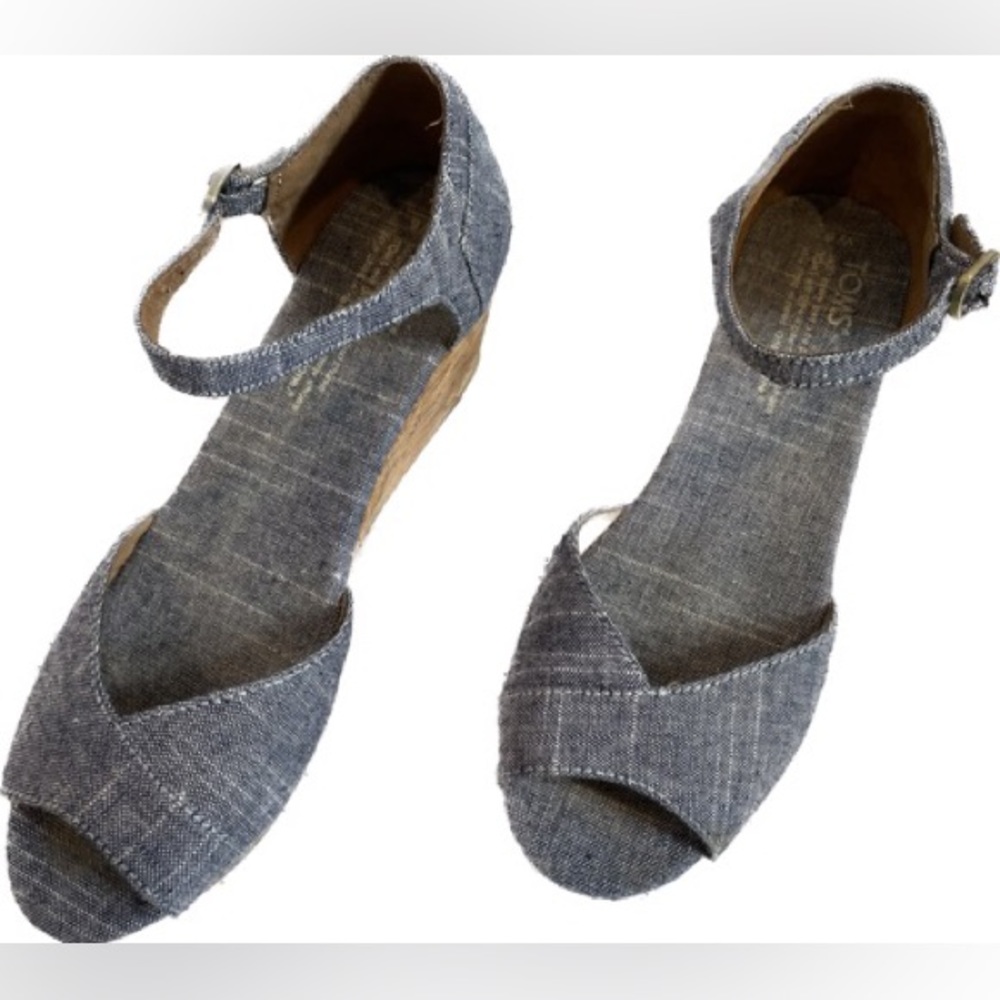 Toms Chambray Denim & Cork Platform Peep Toe Wedge